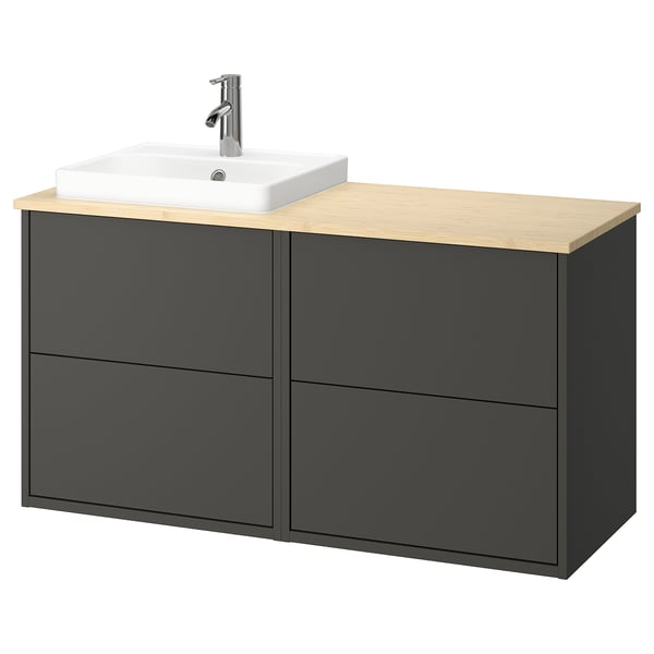 HAVBÄCK bathroom cabinet: dark grey, wood countertop, rectangular basin, modern minimalist design.