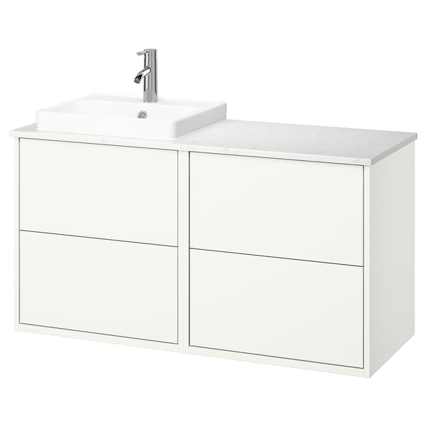 White bathroom vanity, marble top, rect. Sink, modern design