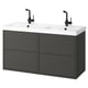 A modern double bathroom vanity in dark grey with two sinks and black faucets.