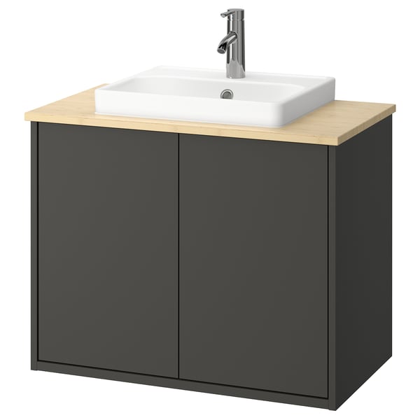 HAVBÄCK sink cabinet: dark grey with light wood top, modern design, wall-mount, white basin.
