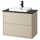 HAVBÄCK beige wall-mounted bathroom vanity with white sink, minimalist design.