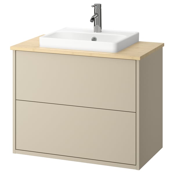 HAVBÄCK beige wall-mount washstand, bamboo counter, square basin, chrome tap.