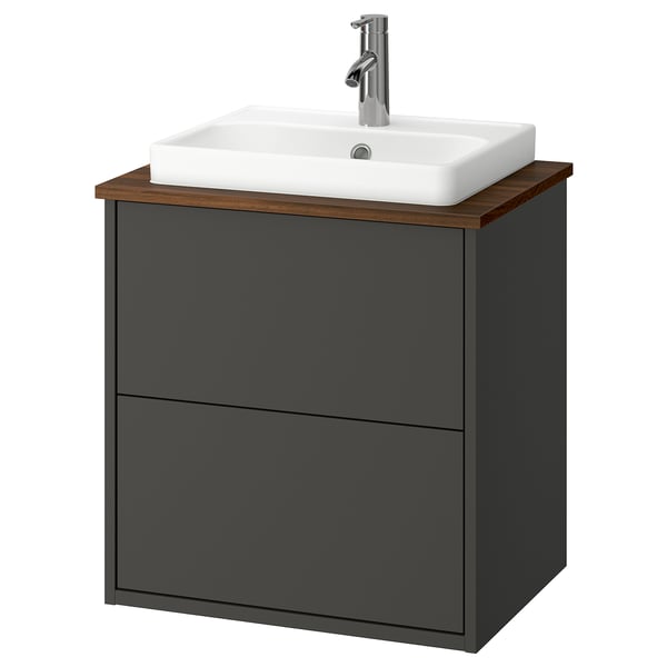 HAVBÄCK dark gray bathroom vanity with wooden top, white basin, modern design.