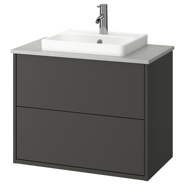 Modern dark gray bathroom vanity with white basin and countertop, clean design, wall-mountable.