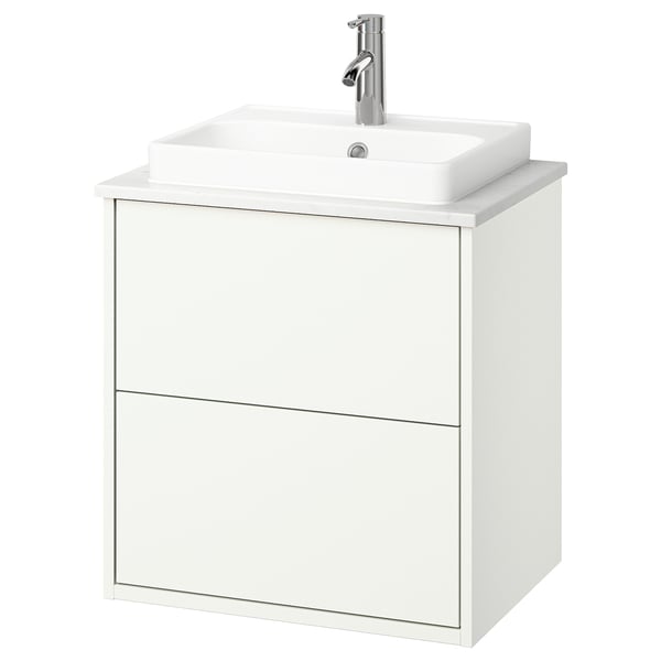 A white HAVBÄCK bathroom vanity with a rectangular sink and chrome faucet. It a sleek, modern design with two storage drawers and a white countertop.