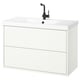 White HAVBÄCK bathroom vanity, sleek modern design, black mixer tap, ceramic sink, wall-mounted with 2 drawers.