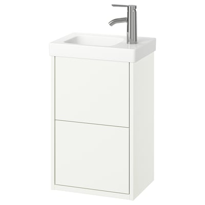 HAVBÄCK white bathroom cabinet, sleek minimalist design, wall-mounted, 2 drawers, ceramic sink, chrome faucet.