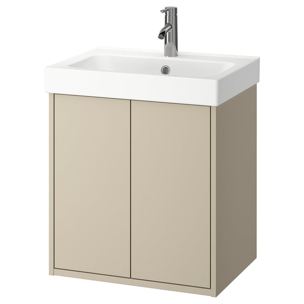 Beige wall-mounted bathroom cabinet with white sink.
