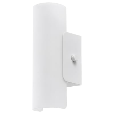 Is of a white HAVSDUN wall lamp with a frosted glass shade and a modern design.