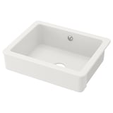 A white HAVSEN ceramic kitchen sink with rounded corners and a single drainer hole. It has a smooth, modern design.