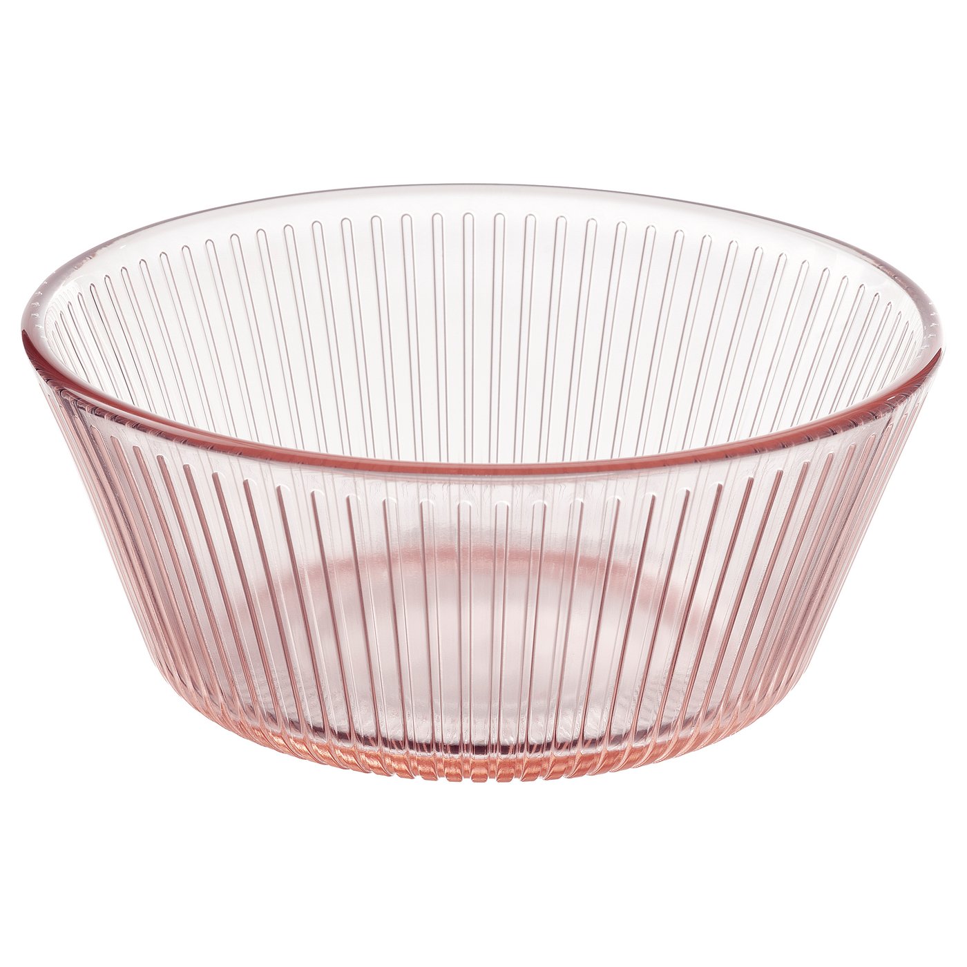 A light pink, ribbed glass bowl with a round shape and smooth edges. Its part of the HAVSGÄDDA series.
