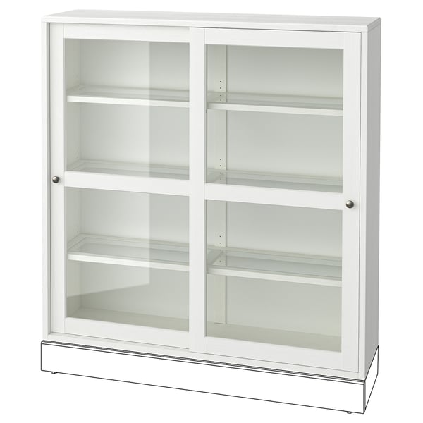 HAVSTA white cabinet with glass doors, rustic pine, square, three shelves.