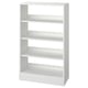 A white wooden HAVSTA bookshelf with four adjustable shelves; simple, rustic scandinavian design.