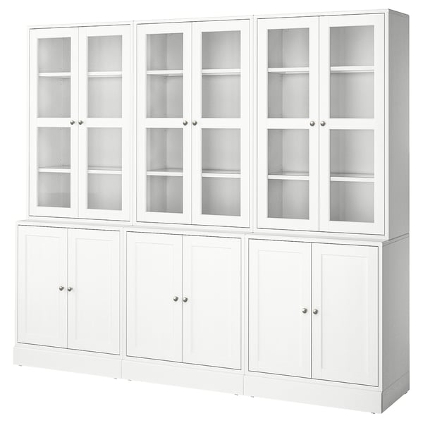 HAVSTA: white wooden & glass cabinet set. Four glass doors & four solid doors. Rustic, light design.