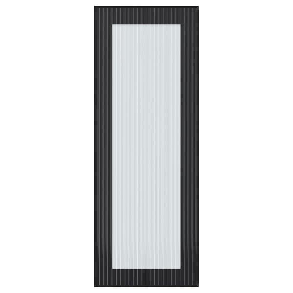 Black framed glass door with vertical lines and frosted centre.