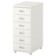 White filing cabinet, 5 drawers, mobile with casters.