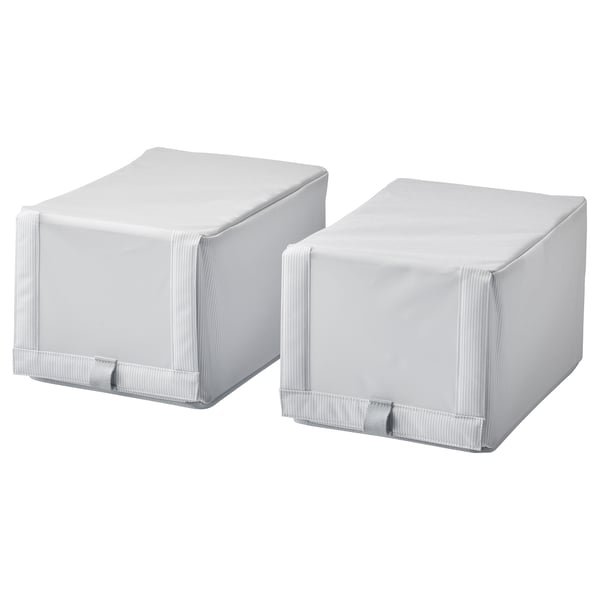 Two grey rectangular fabric covered storage boxes with ribbons and zippers.