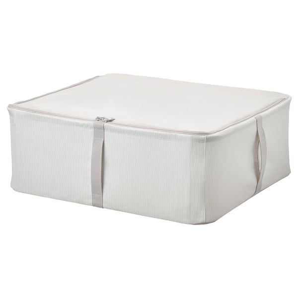 White HEMMAFIXARE storage box, fabric-covered, square shape, sturdy frame, zip closure.