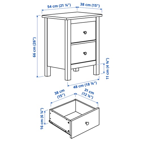 Illustration with measurements for the product: HEMNES.