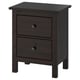 Dark brown wooden bedside table with two drawers and round knobs.