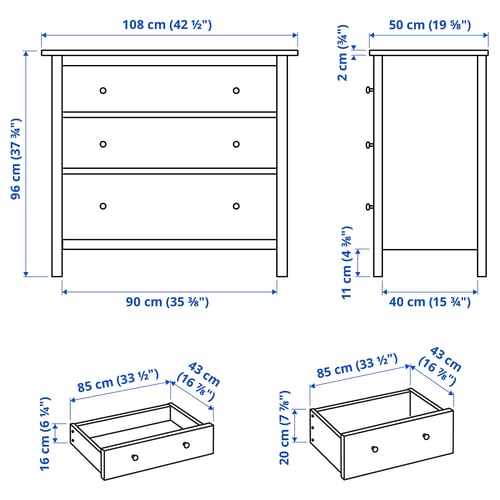 Illustration with measurements for the product: HEMNES.
