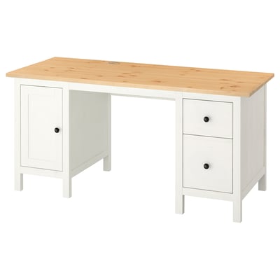 Ikea HEMNES desk, white with light wood top, solid pine, rectangular shape, practical storage.