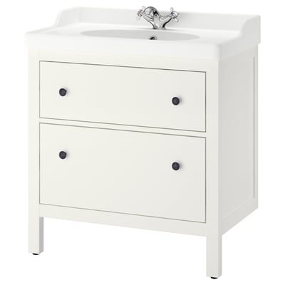 White HEMNES bathroom vanity, rectangular shape, 2 drawers, chrome fixtures.