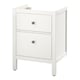 An ikea HEMNES white bathroom vanity cabinet with two drawers. It has a simple, classic design with black knobs.