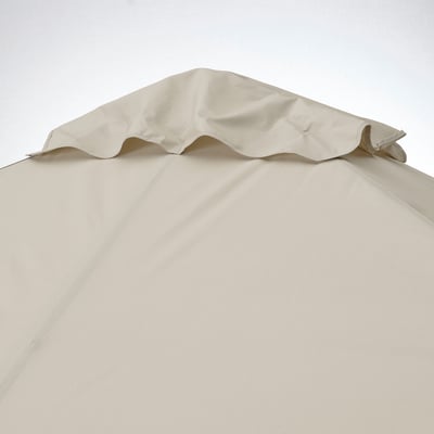 Compact, modern gazebo with smooth, cream-colored fabric. Sturdy frame, excellent sun protection, simply designed.