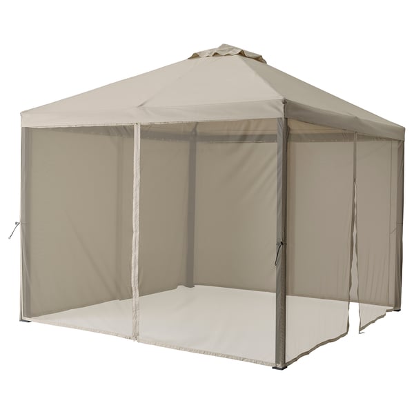 HIMMELSÖ beige gazebo, square shaped with mesh walls, steel frame, sun-shielding canopy.