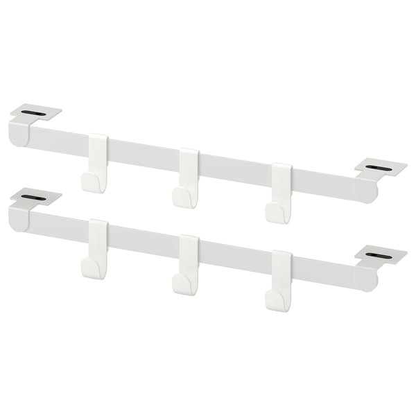 White HJÄLPA wall-mount hooks, four on two rails.