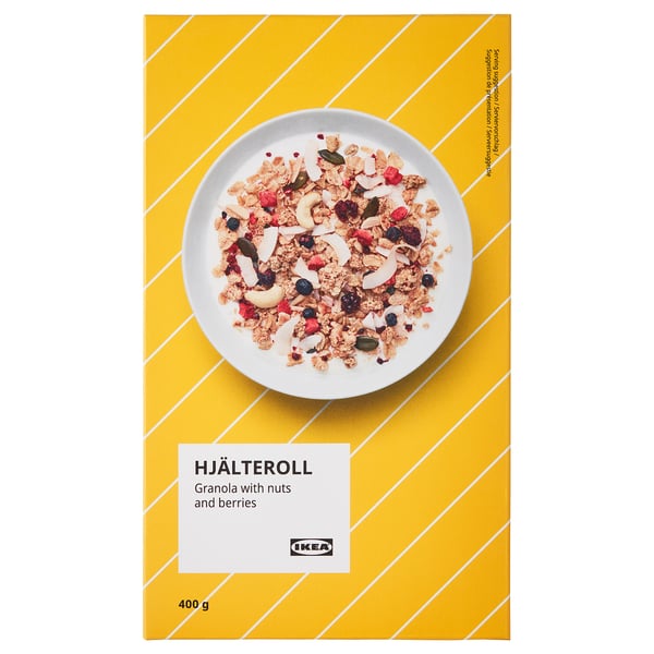 Box of HJÄLTEROLL granola with nuts and berries by IKEA, weighing 400g. A bowl of granola on the cover.