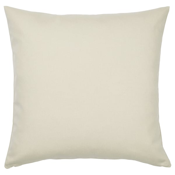 A rectangular, beige outdoor cushion named HJÄRTERÖ. Its cover is textured and zipped, made from recycled polyester.
