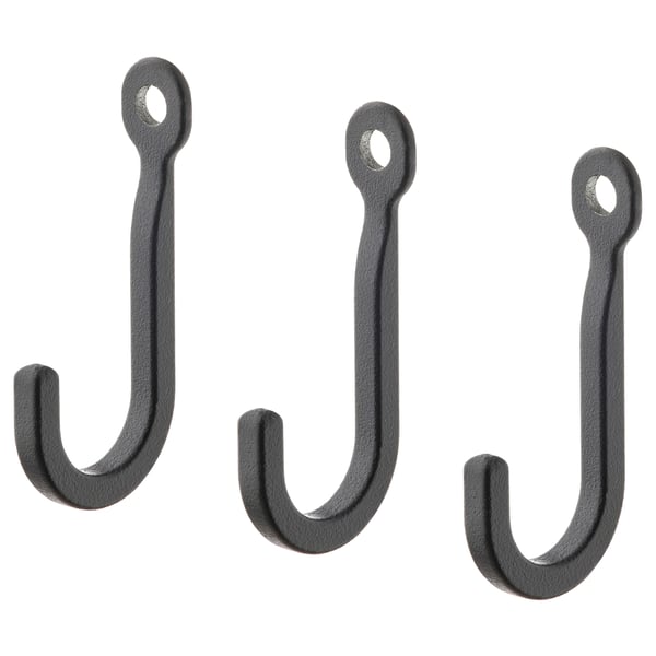 Three black HÖGAFFEL hooks on white background. Small, curved design fits narrow spaces. Made of powder-coated zinc.