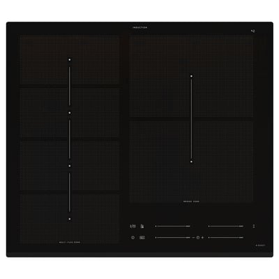 Black glass induction cooktop with four cooking zones, touch controls, and sleek design.
