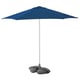 Blue outdoor umbrella with grey weighted bases. Open, square-shaped canopy on metal pole. Easy to assemble and move.