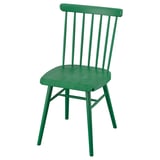 Ikea HÖGVED: green wooden chair. Spindle back, curved seat, durable birch material. Classic yet modern dining design.