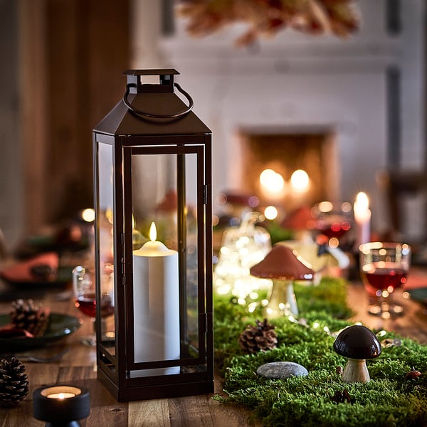 HÖSTAGILLE Lantern for pillar candle, in/out, copper-colour, 43 cm