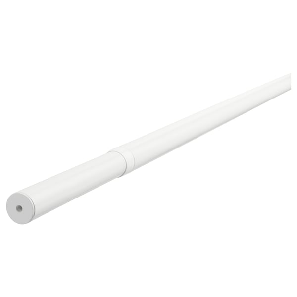 A white HUGAD adjustable metal curtain rod in a cylindrical shape, made of steel with a powder coat finish.