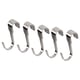 Four shiny silver metallic hooks with long, curved shapes, designed to hang items on a rail, made of steel with a nickel finish.