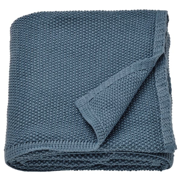 Blue-grey HUMLEMOTT knit throw, recycled polyester, folded square.