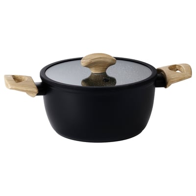 Black saucepan with wooden handles and lid, sol-gel ceramic non-stick coating, sturdy design.