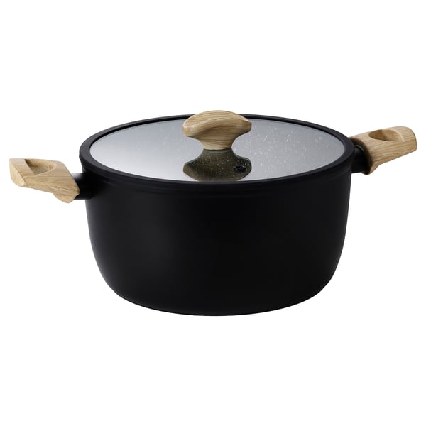 Black casserole with wood handles & glass lid, non-stick.