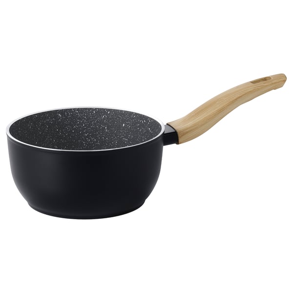 Black HUSKNUT pan with wood handle and non-stick coating.