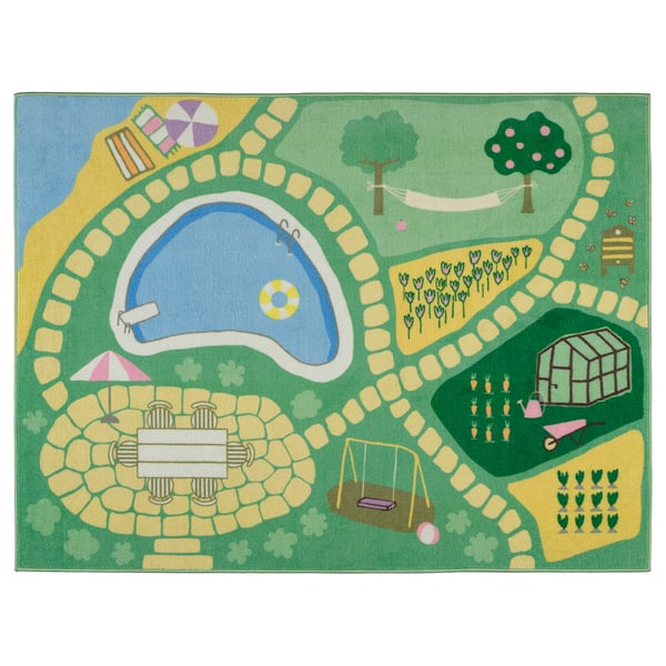 A green HUSSPARV childrens rug with a backyard theme including a pool, swing, and garden.