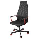 An HUVUDSPELARE office chair, black with red accents, on wheels.