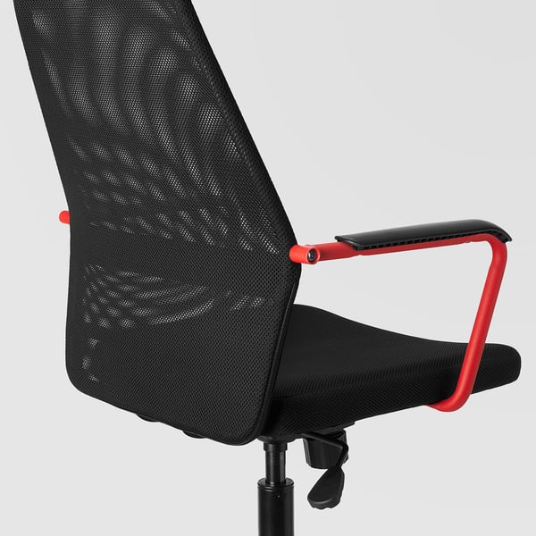 Black office chair with red armrests & mesh back, designed for comfort & airflow.
