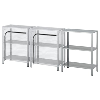 Three silver metal shelving units, two with transparent covers, ideal for plant storage or display.