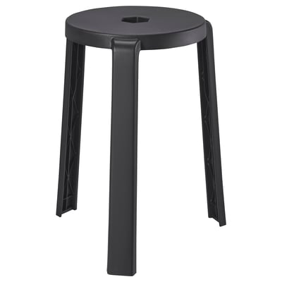 An IBBARBO stool. Its black, made of plastic, round, and has three legs.