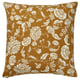 Square mustard yellow throw pillow with white floral pattern.